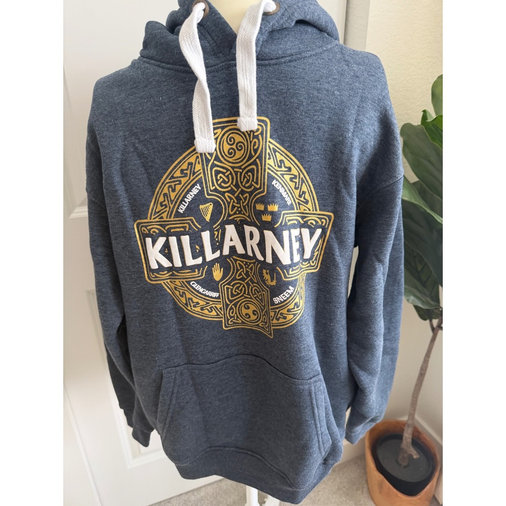 Quills Gift Store Killarney Ireland Celtic Cross Hoodie Mens Large Blue Heather
